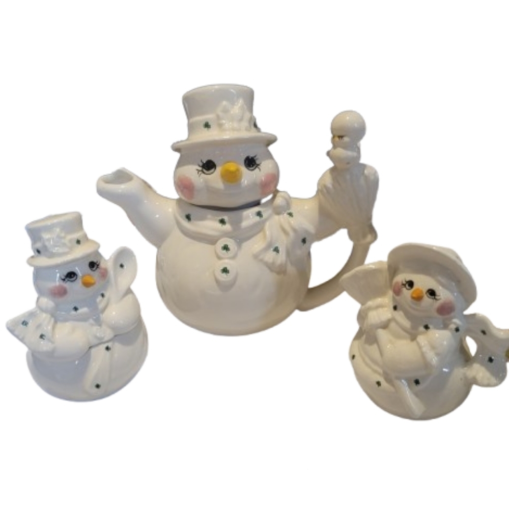 Snowman Tea Set with Shamrocks Irish ceramic signed Winter Holiday Snow